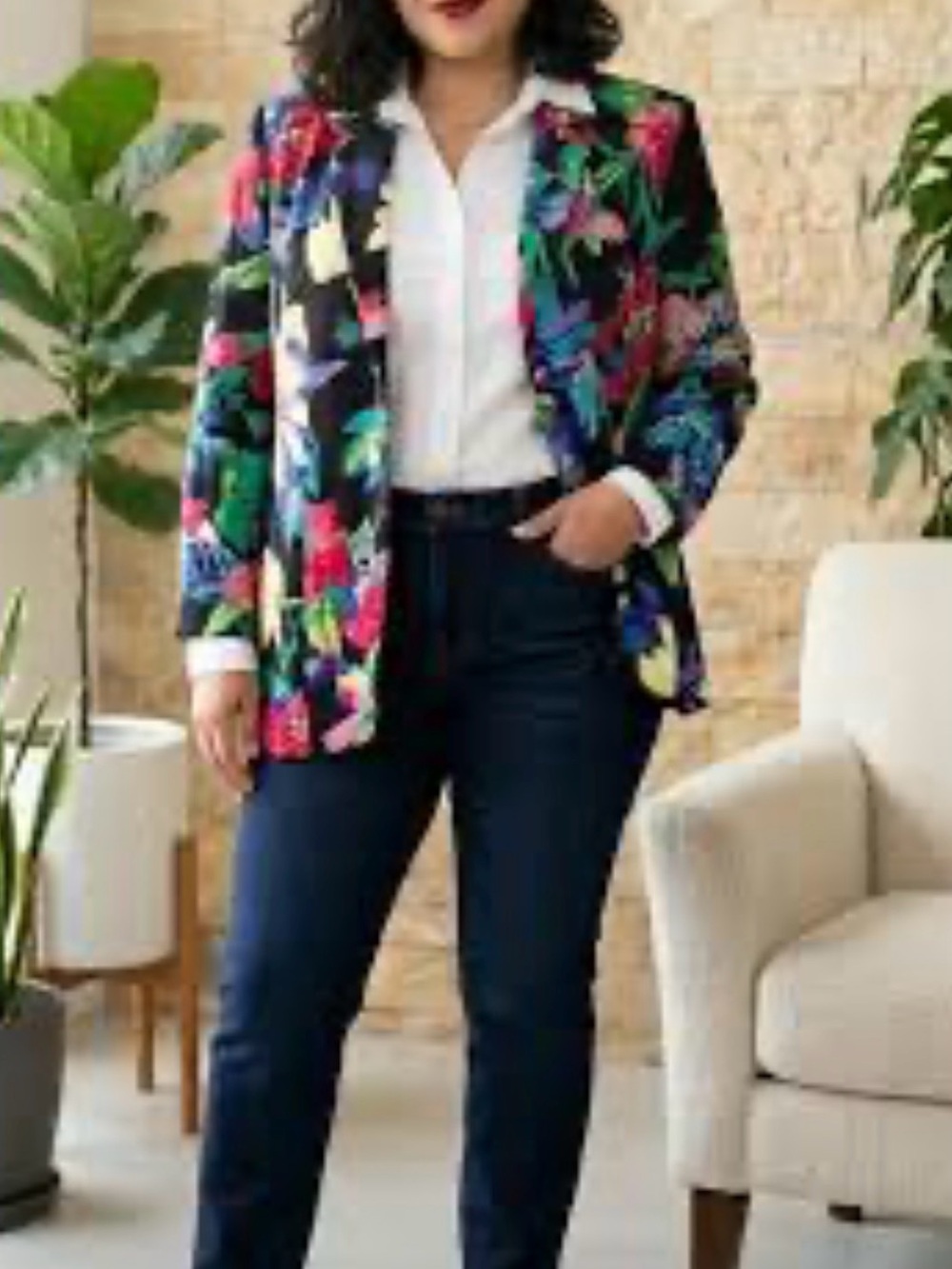 Anne Klein black Floral Single-Button Blazer with Bright Print - Picture 2 of 11